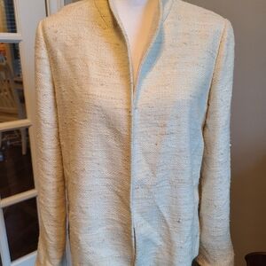Ellen Tracy Open Front Textured Blazer Jacket Cream Silk Lining Size 2